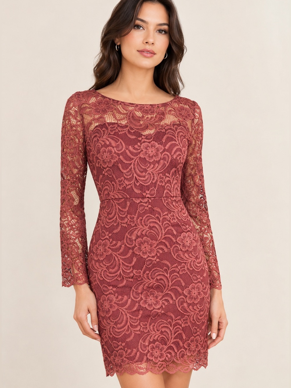 Ambiance Wine Lace Long Sleeve Sheath Dress